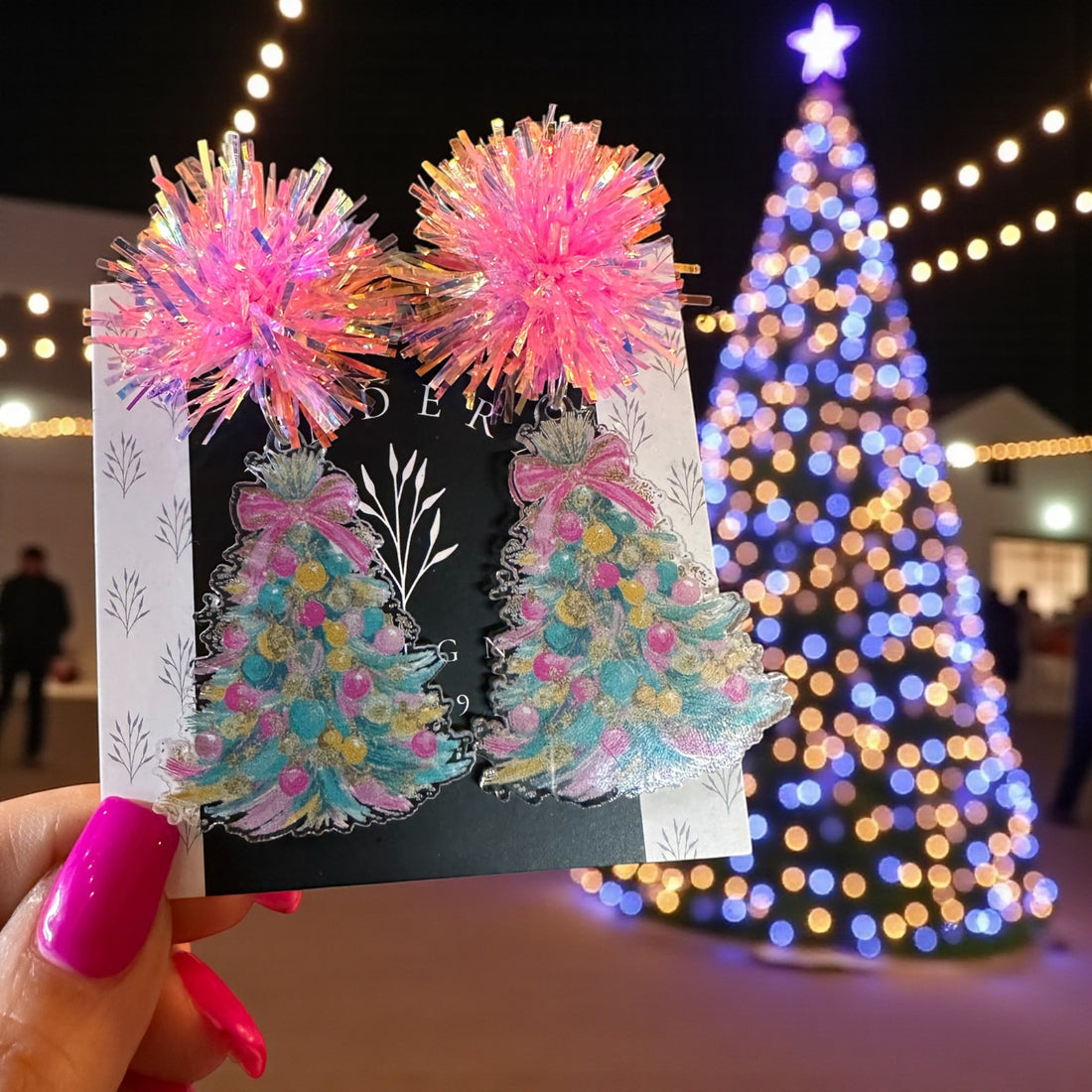 Bright Christmas Tree Earrings with Pink Tinsel Pom Pom