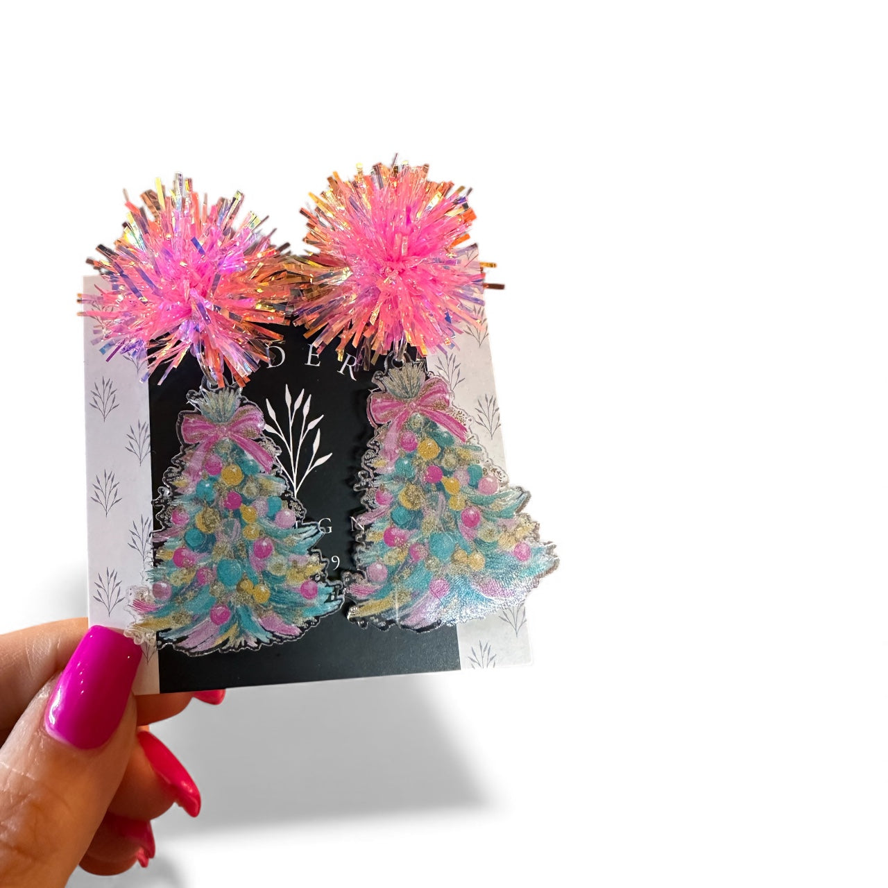 Bright Christmas Tree Earrings with Pink Tinsel Pom Pom