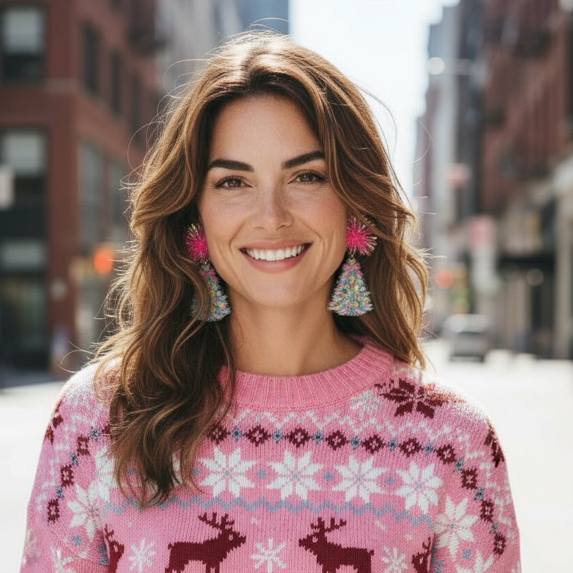 Bright Christmas Tree Earrings with Pink Tinsel Pom Pom