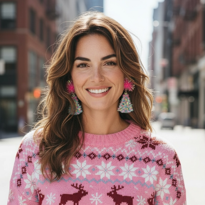 Bright Christmas Tree Earrings with Pink Tinsel Pom Pom