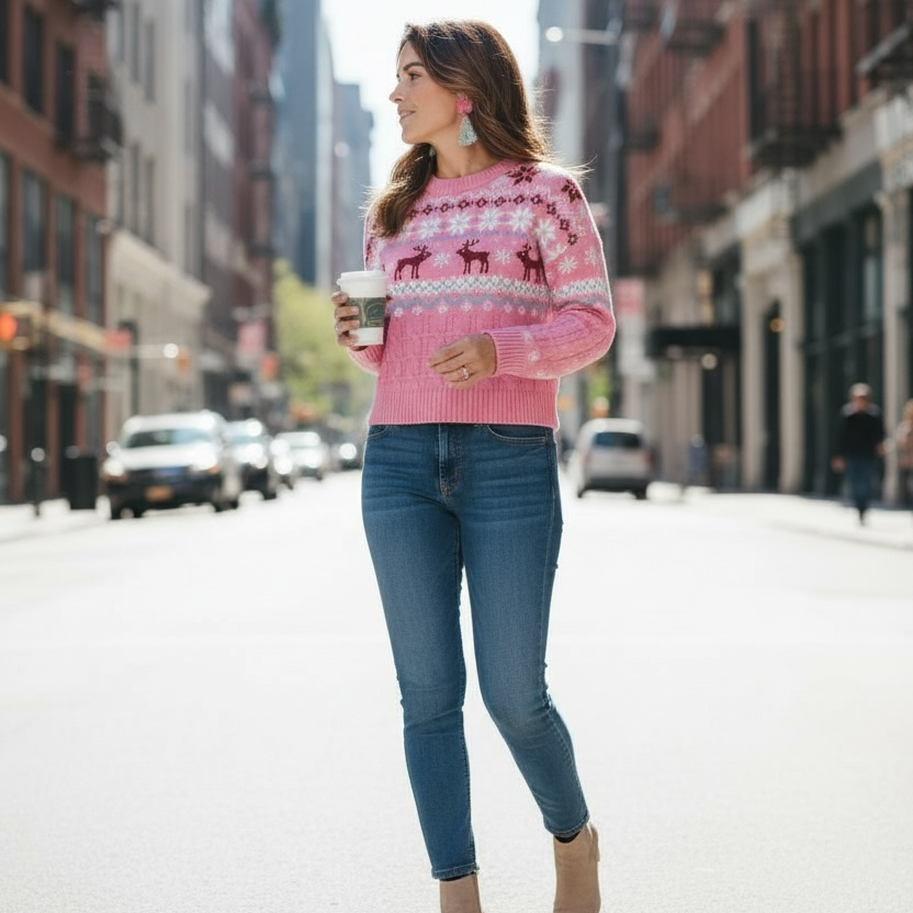 Bright Christmas Tree Earrings with Pink Tinsel Pom Pom