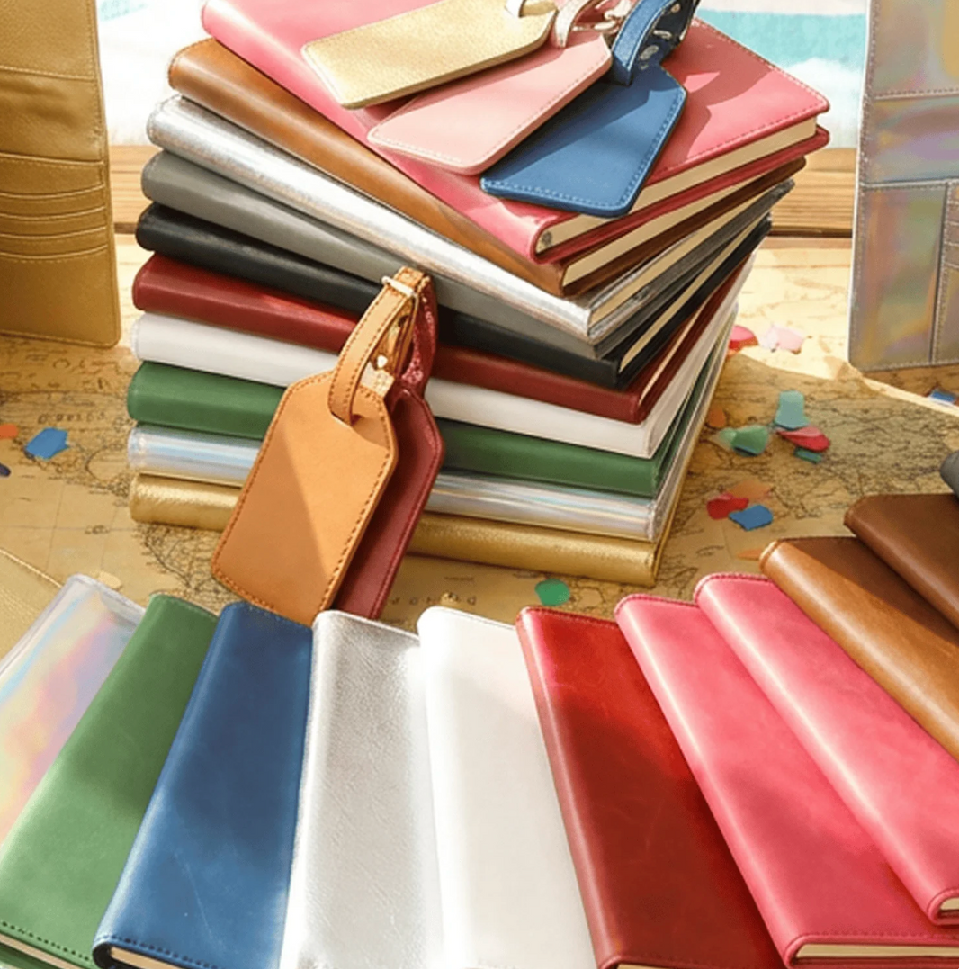 Stack of colorful leather-bound books customizable by Madera 1819