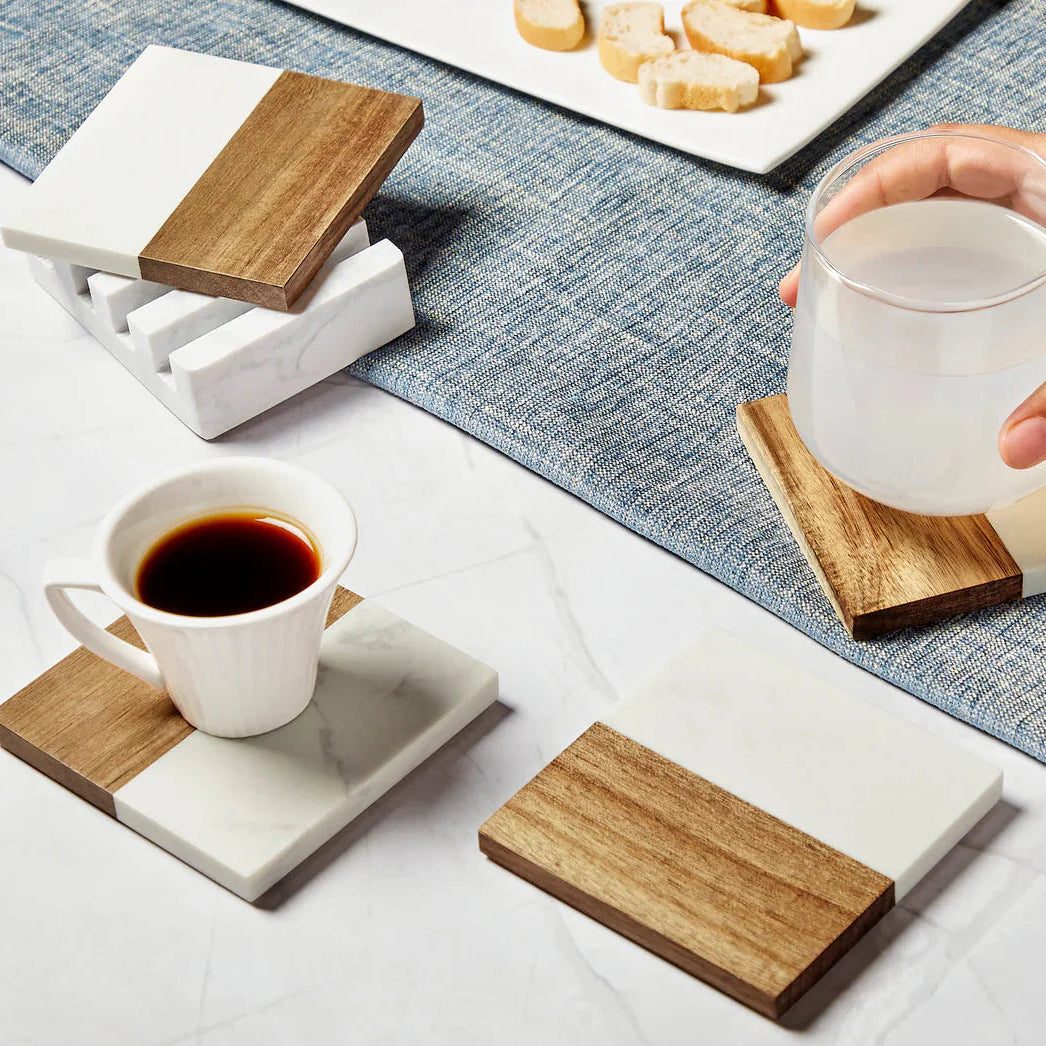 Marble and Acacia Wood Coasters  Set of 4 with Marble Stand