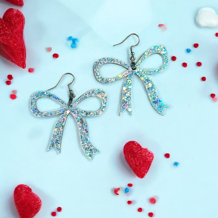 Valentine Day Silver Bow Glitter Earrings