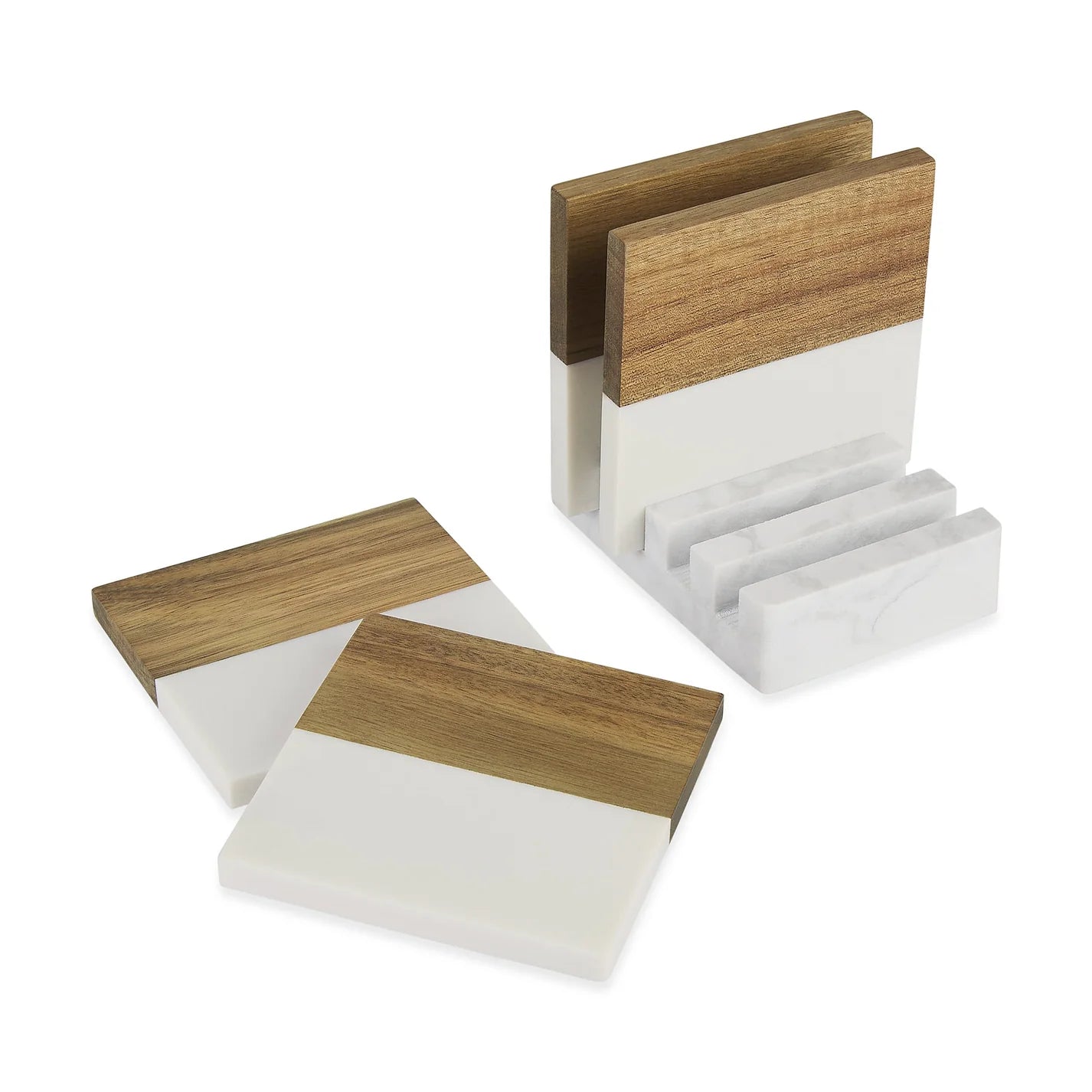 Marble and Acacia Wood Coasters  Set of 4 with Marble Stand